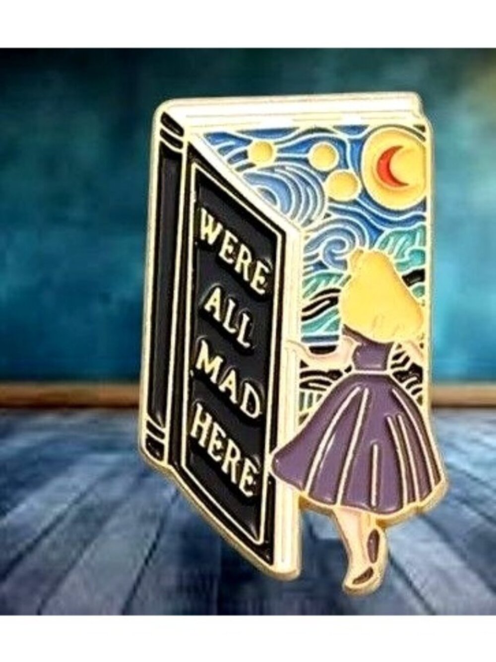 Alice in Wonderland Pin We’re All Mad Here Book Design Starry Night Rabbit Hole